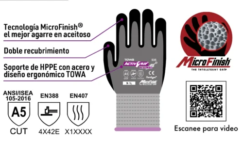 Guante TOWA ActivGrip Kunai 535 – Anticorte A5 certificado ISP