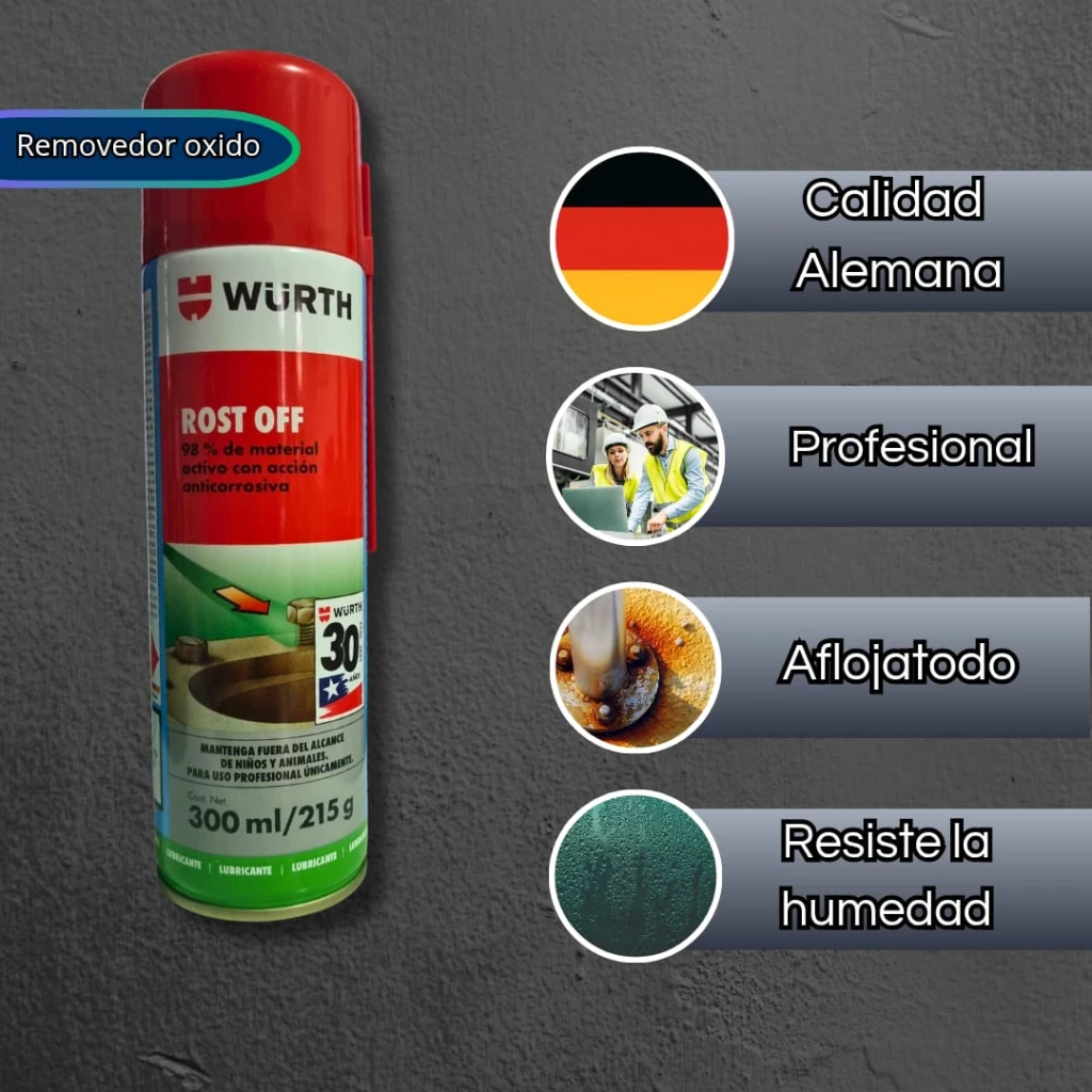 Eliminador de Óxido Rost Off WÜRTH – 98 % Activo · Válvula Multi-posición · Sin Ácidos ni Silicona