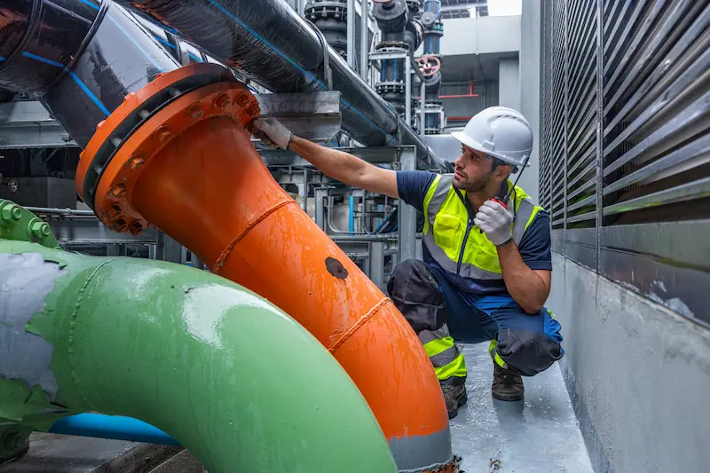 Trabajador industrial inspeccionando tuberías y utilizando elementos de protección personal