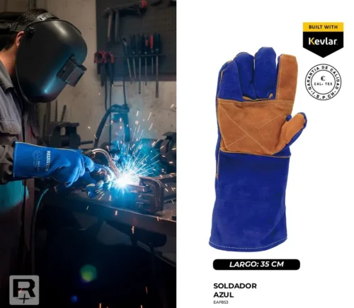 Guante soldador azul Kevlar 14 resistente al fuego y chispas