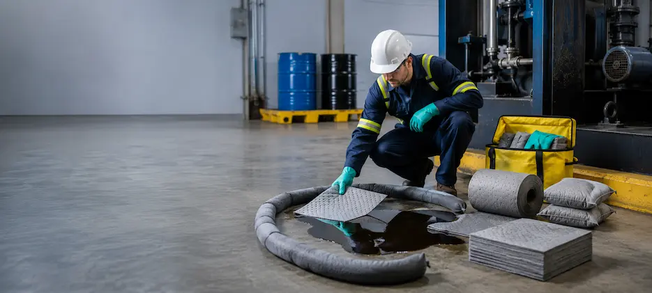 Operario utilizando paños absorbentes industriales en labores de limpieza y contención de derrames