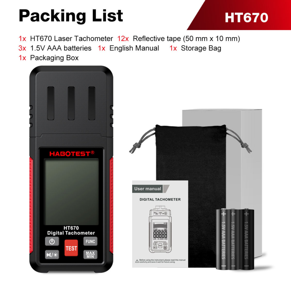 Tacómetro digital láser HABOTEST HT670 para medir RPM sin contacto